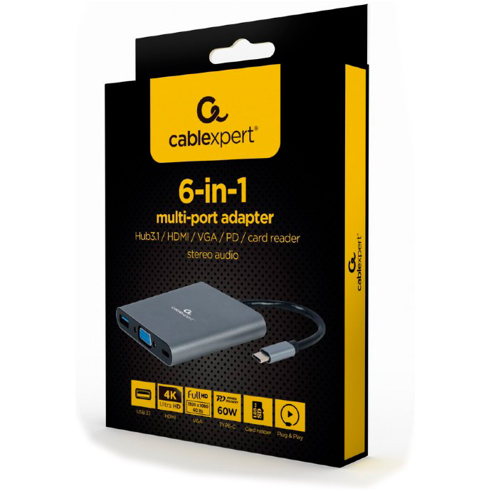 Порт-реплікатор CABLEXPERT 6-in-1 USB-C to HDMI/VGA/USB3.1/PD/AUX/CR (A-CM-COMBO6-01)
