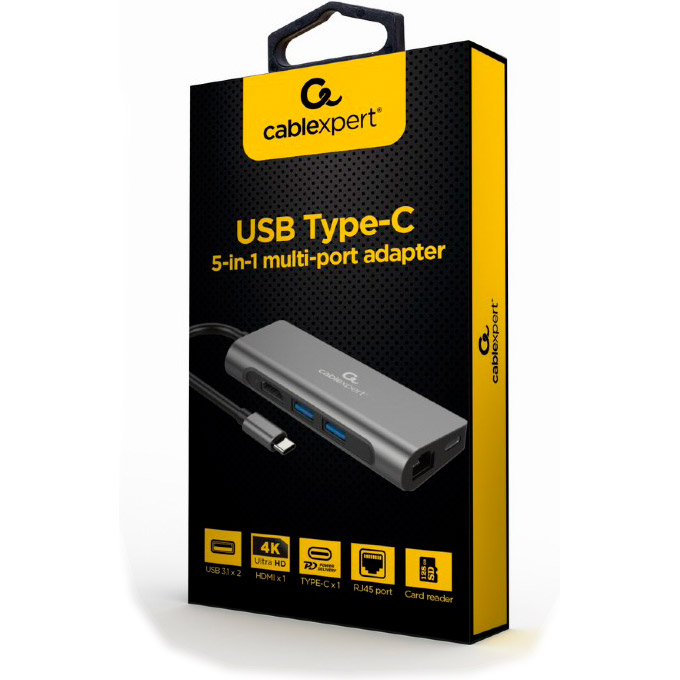 Порт-репликатор CABLEXPERT 5-in-1 USB-C to HDMI/USB3.0/PD/LAN (A-CM-COMBO5-01)