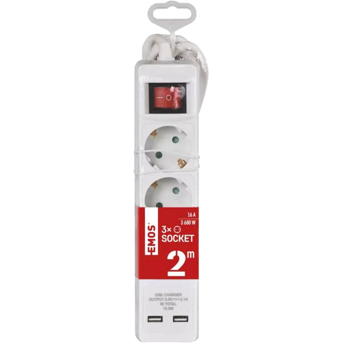 Мережевий фільтр EMOS P1322RU White, 3 розетки, 2xUSB, 2м