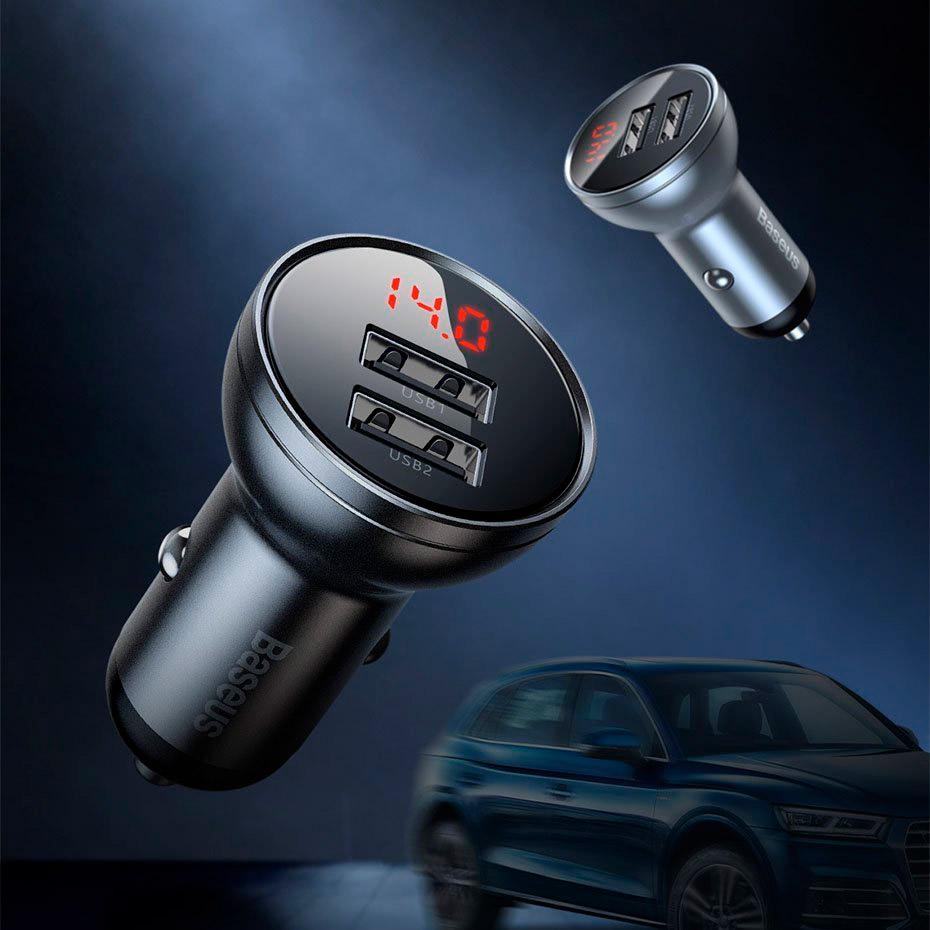 Автомобільний зарядний пристрій BASEUS Digital Display Dual USB 4.8A Car Charger 24W Black w/3-in-1 cable (TZCCBX-0G)