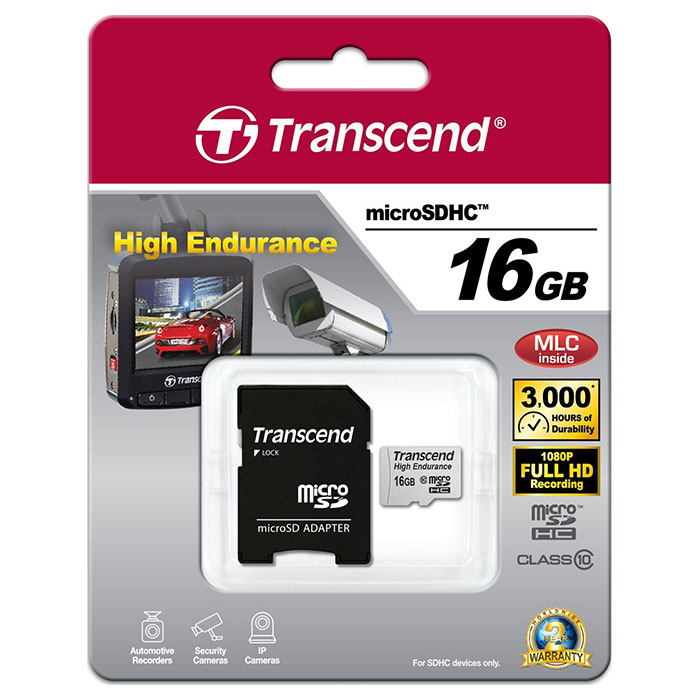 Карта памяти TRANSCEND microSDHC High Endurance 16GB Class 10 + SD-adapter (TS16GUSDHC10V)