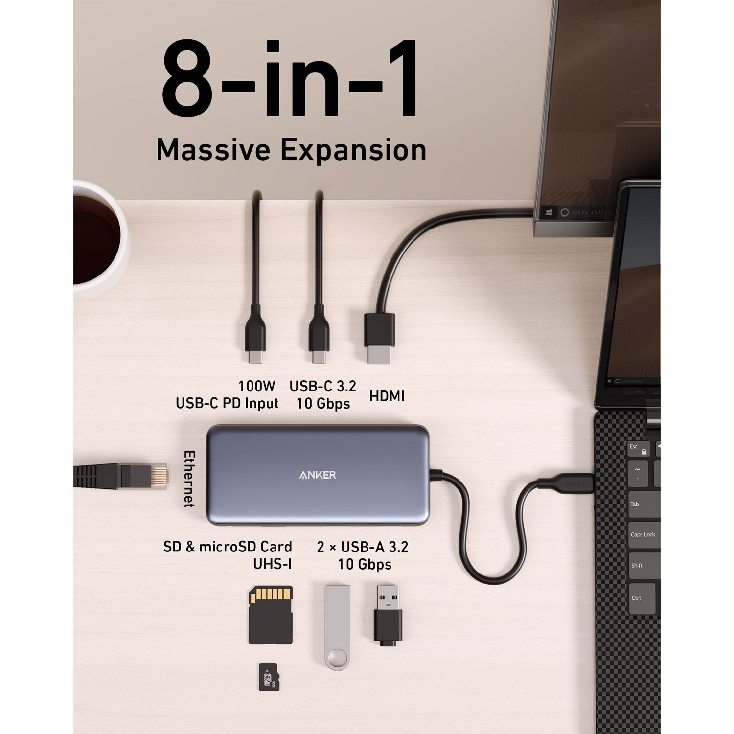 Порт-реплікатор ANKER 555 PowerExpand 8-in-1 100W PD 10Gbps USB-C Data Hub Gray (A83830A2)