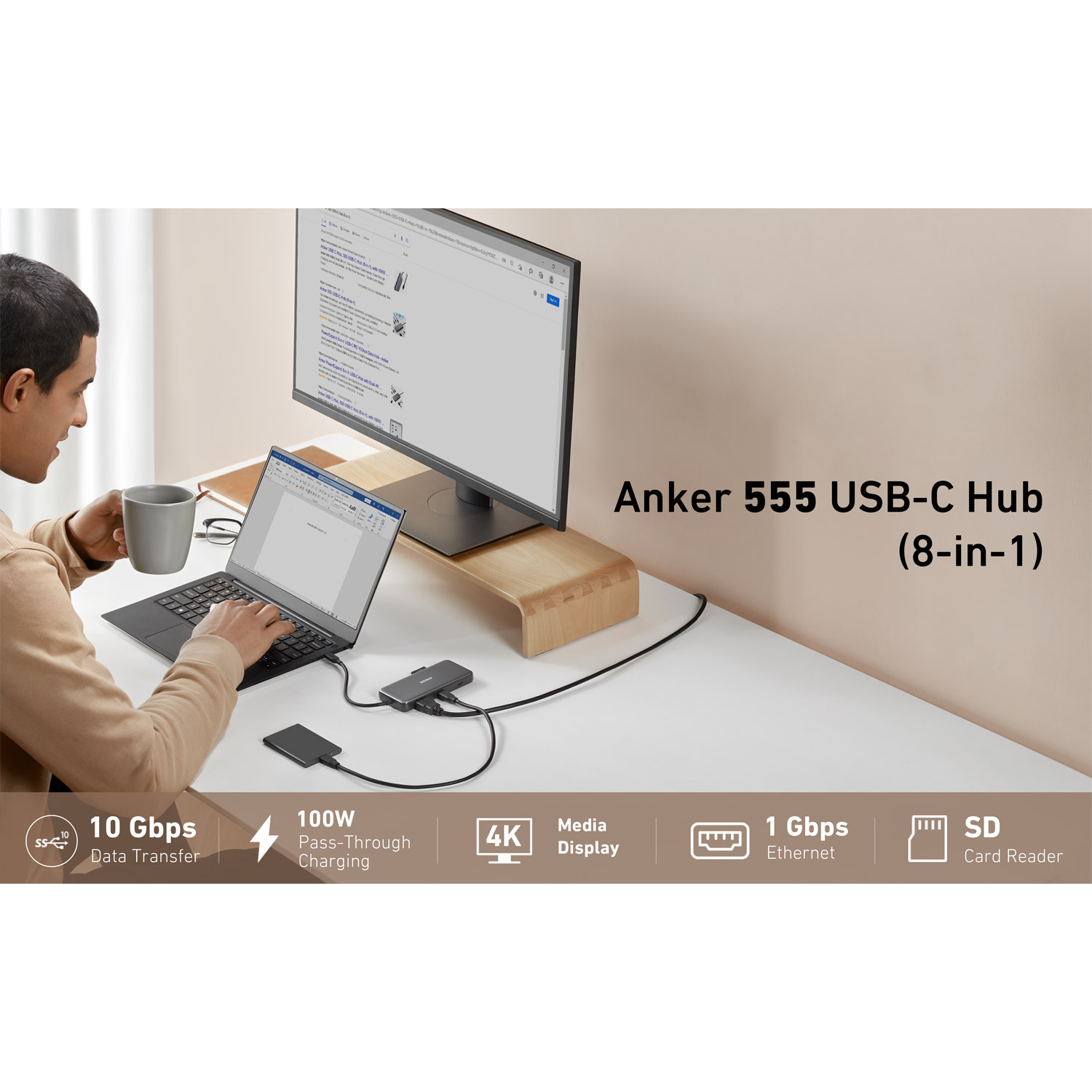 Порт-реплікатор ANKER 555 PowerExpand 8-in-1 100W PD 10Gbps USB-C Data Hub Gray (A83830A2)