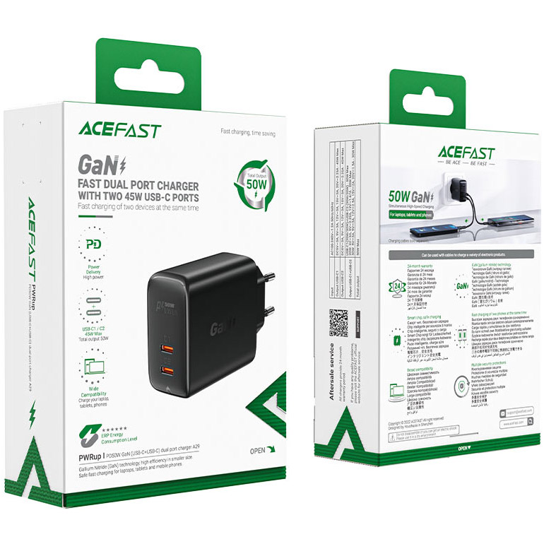 Зарядний пристрій ACEFAST A29 Fast Charge Wall Charger GaN PD50W (2xUSB-C) Black