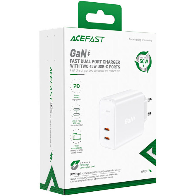 Зарядний пристрій ACEFAST A29 Fast Charge Wall Charger GaN PD50W (2xUSB-C) White