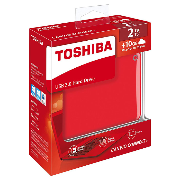 Портативный жёсткий диск TOSHIBA Canvio Connect II 2TB USB3.0 Red (HDTC820ER3CA)
