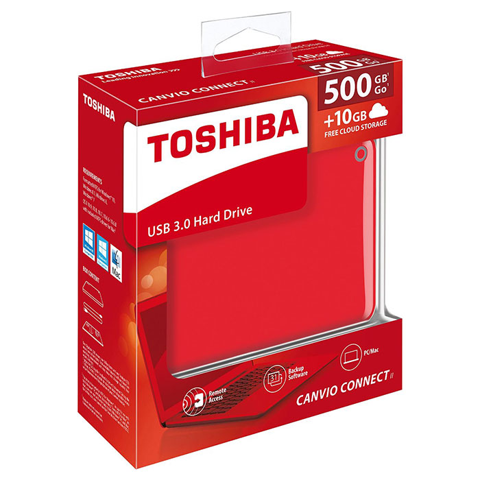 Портативный жёсткий диск TOSHIBA Canvio Connect II 500GB USB3.0 Red (HDTC805ER3AA)