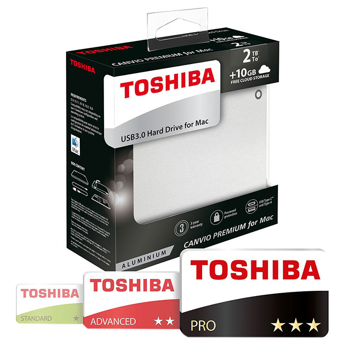 Портативный жёсткий диск TOSHIBA Canvio Premium for Mac 2TB USB3.0 Silver Metallic (HDTW120ECMCA)