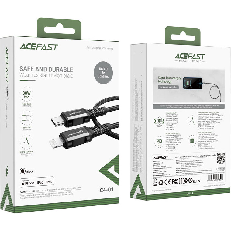 Кабель ACEFAST C4-01 USB-C to Lightning Charging Data Cable 1.8м Black