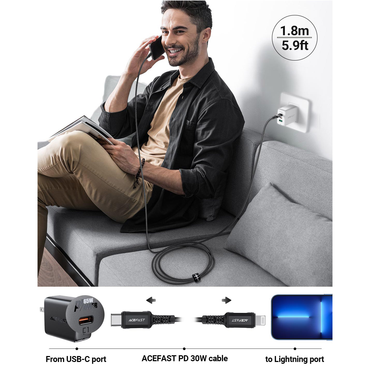 Кабель ACEFAST C4-01 USB-C to Lightning Charging Data Cable 1.8м Black