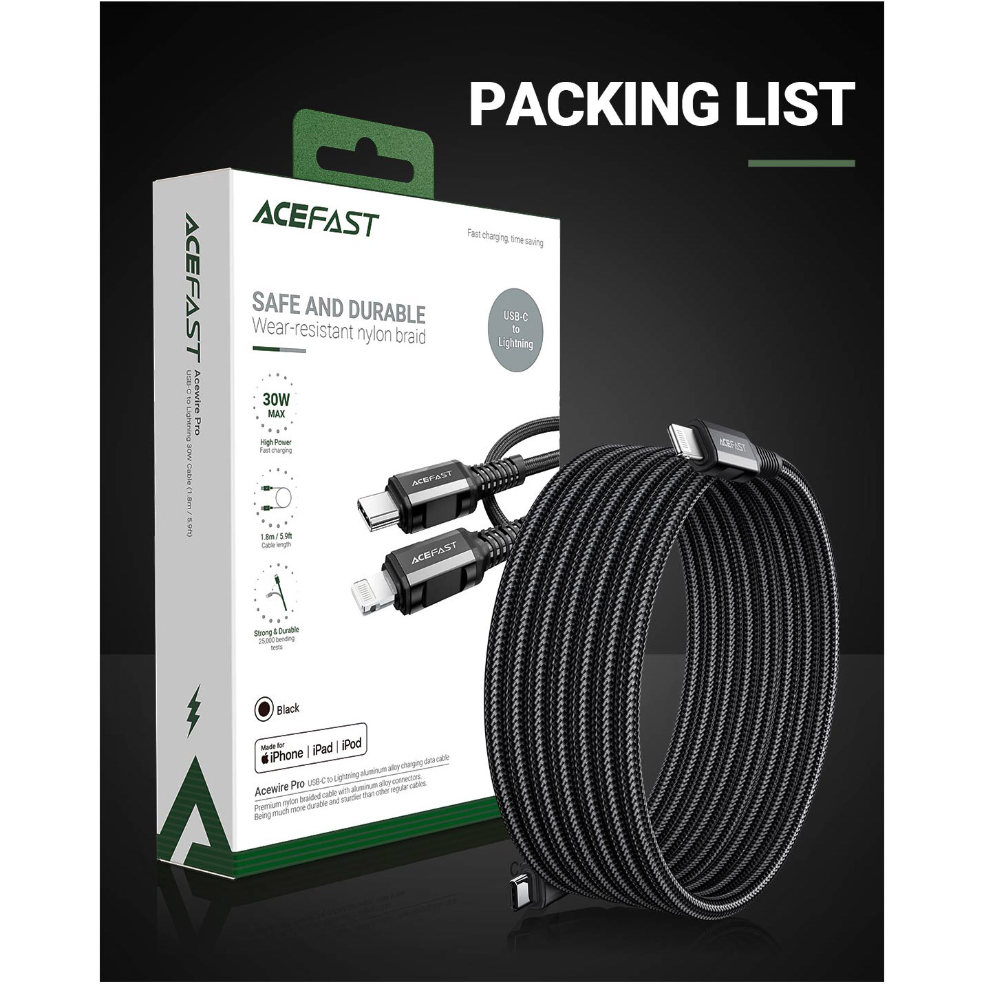 Кабель ACEFAST C4-01 USB-C to Lightning Charging Data Cable 1.8м Black