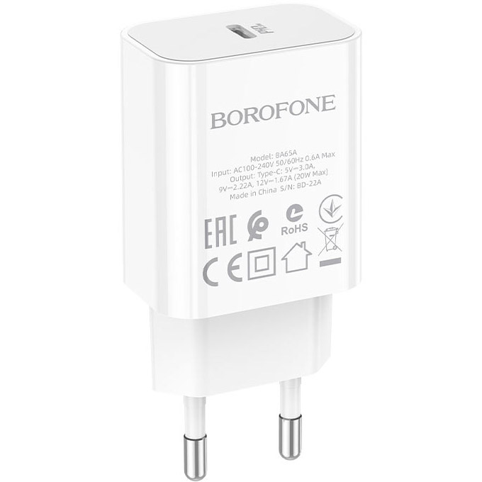 Зарядний пристрій BOROFONE BA65A 1xUSB-C, PD20W White (BA65AW)