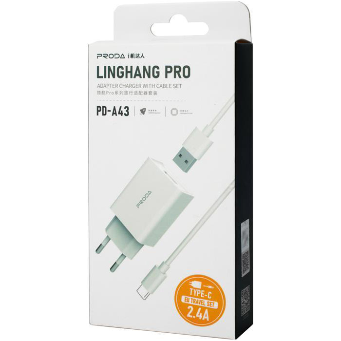 Зарядний пристрій PRODA Linghang Pro PD-A43a 1xUSB-A, 2.4A White w/Type-C cable