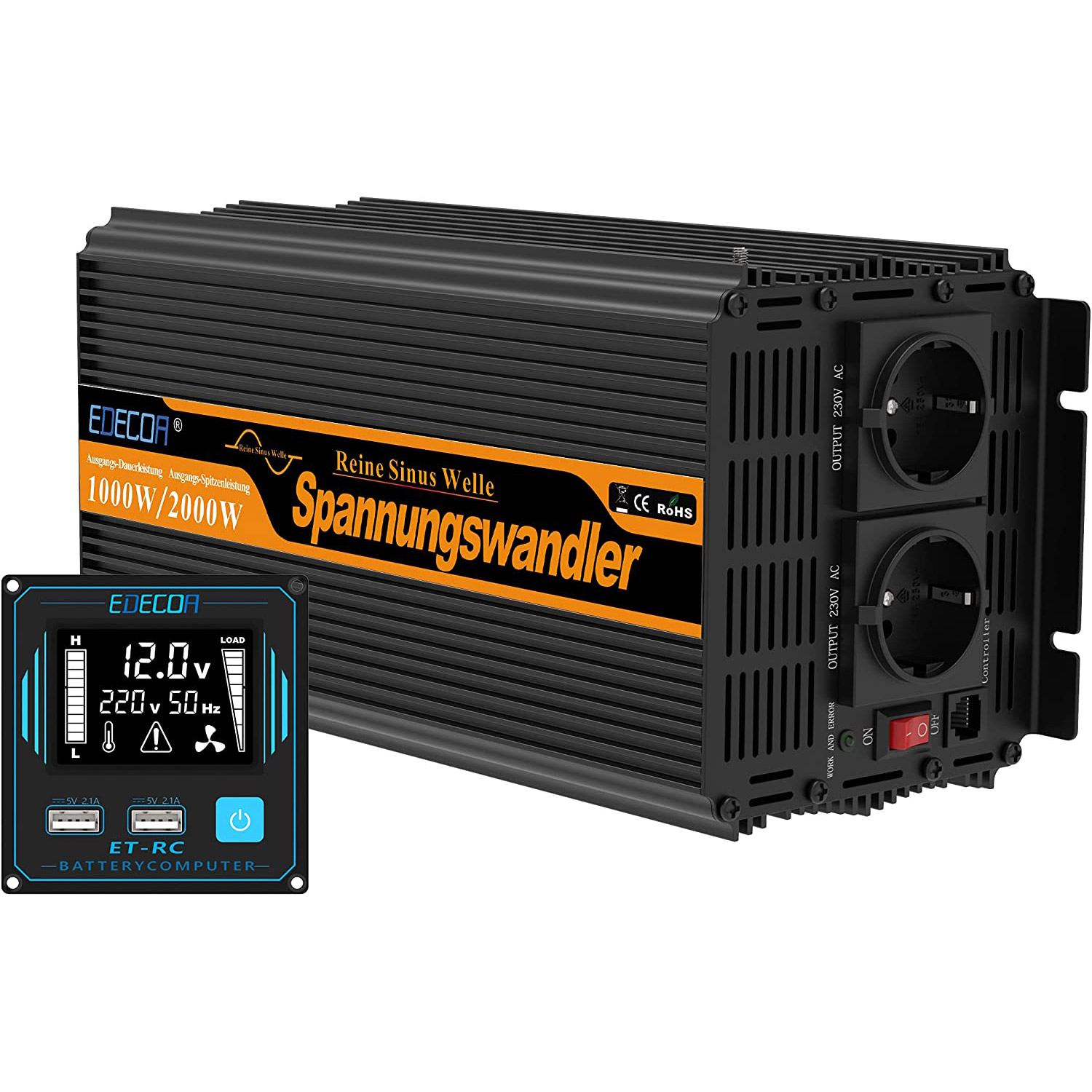 Інвертор напруги EDECOA Pure Sine Wave 2nd Gen 12V/220V 1000W (JD9221010NR)