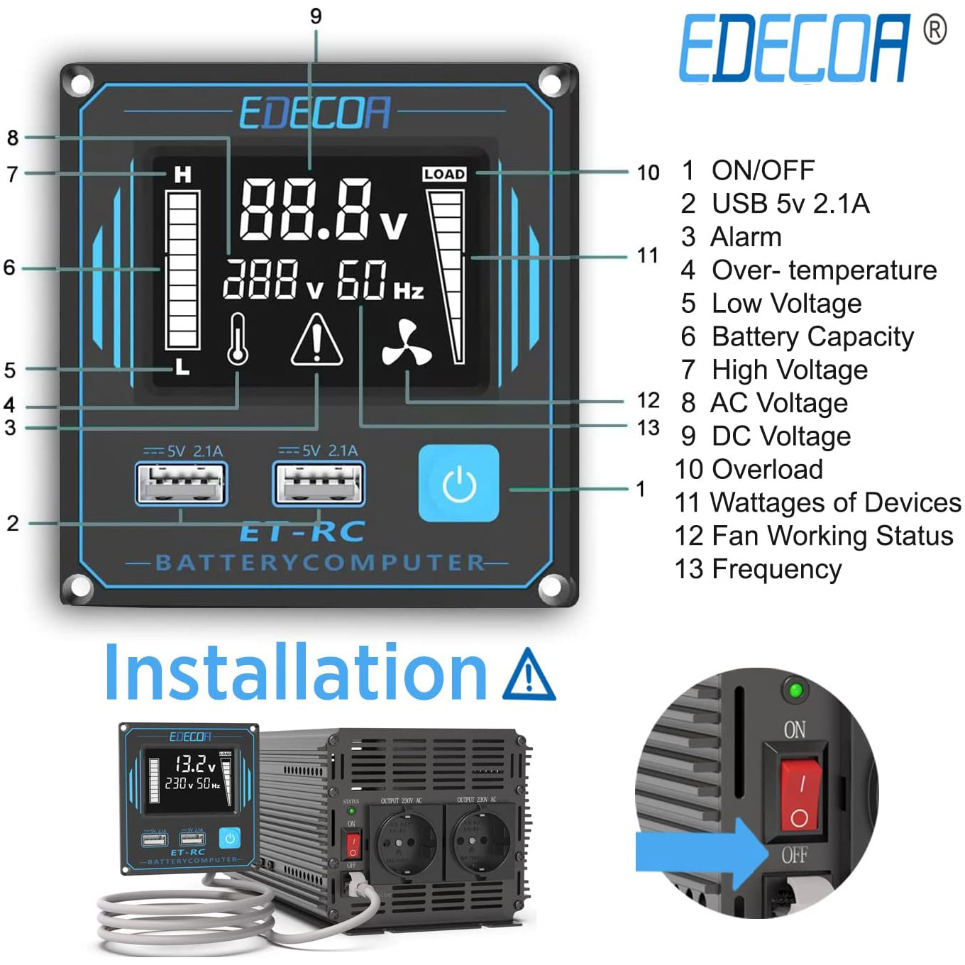 Інвертор напруги EDECOA Pure Sine Wave 2nd Gen 12V/220V 1000W (JD9221010NR)