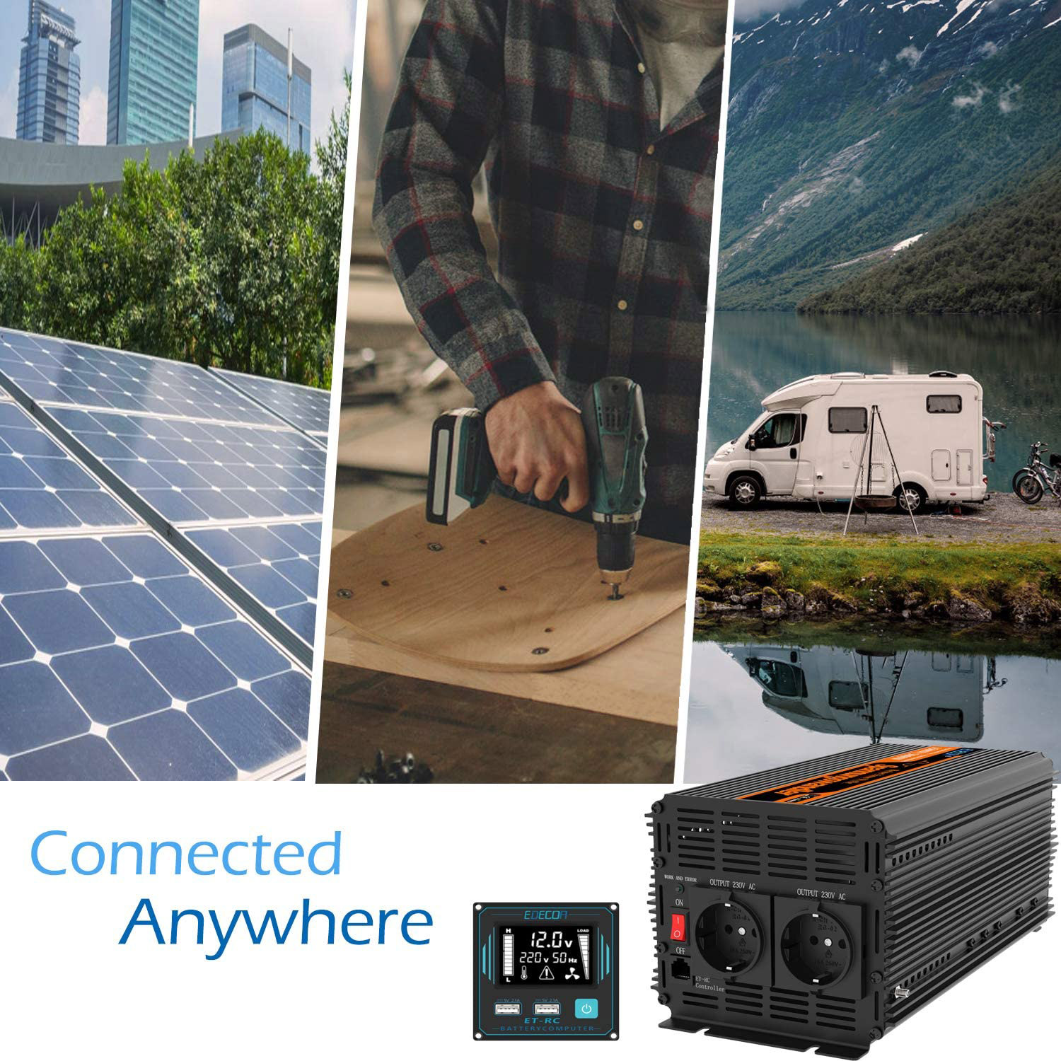 Інвертор напруги EDECOA Pure Sine Wave 2nd Gen 12V/220V 1000W (JD9221010NR)