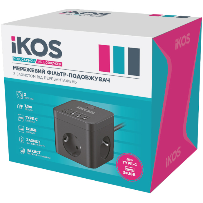 Мережевий фільтр IKOS C34S-CU Black, 3 розетки, 1xUSB-C, 3xUSB, 1.5м