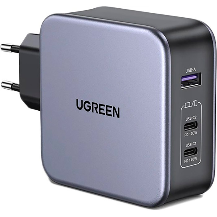 Зарядний пристрій UGREEN CD289 GaN 140W 2xUSB-C, 1xUSB-A Fast Charger Gray w/Type-C to Type-C cable (90549)