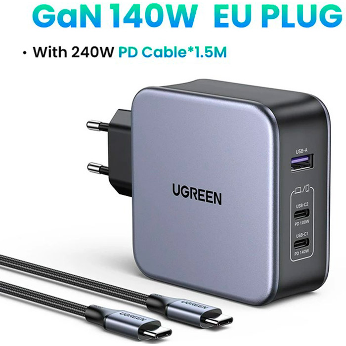 Зарядний пристрій UGREEN CD289 GaN 140W 2xUSB-C, 1xUSB-A Fast Charger Gray w/Type-C to Type-C cable (90549)