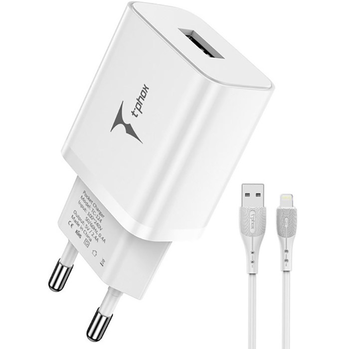Зарядний пристрій T-PHOX TC-124 Pocket 1xUSB-A, 2.4A White w/Lightning cable (TCC-124 (W)+LIGHTNING)