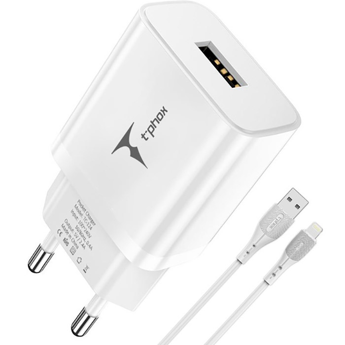 Зарядное устройство T-PHOX TC-124 Pocket 1xUSB-A, 2.4A White w/Lightning cable (TCC-124 (W)+LIGHTNING)