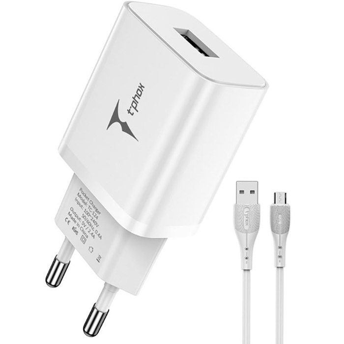 Зарядний пристрій T-PHOX TC-124 Pocket 1xUSB-A, 2.4A White w/Micro-USB cable (TCC-124 (W)+MICRO)