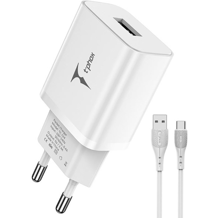 Зарядное устройство T-PHOX TC-124 Pocket 1xUSB-A, 2.4A White w/Type-C cable (TCC-124 (W)+TYPE-C)