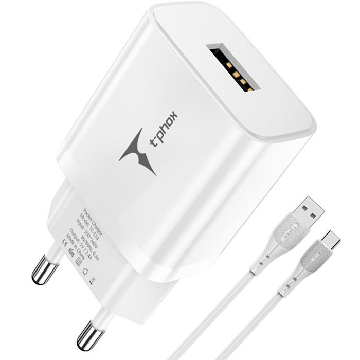 Зарядний пристрій T-PHOX TC-124 Pocket 1xUSB-A, 2.4A White w/Type-C cable (TCC-124 (W)+TYPE-C)
