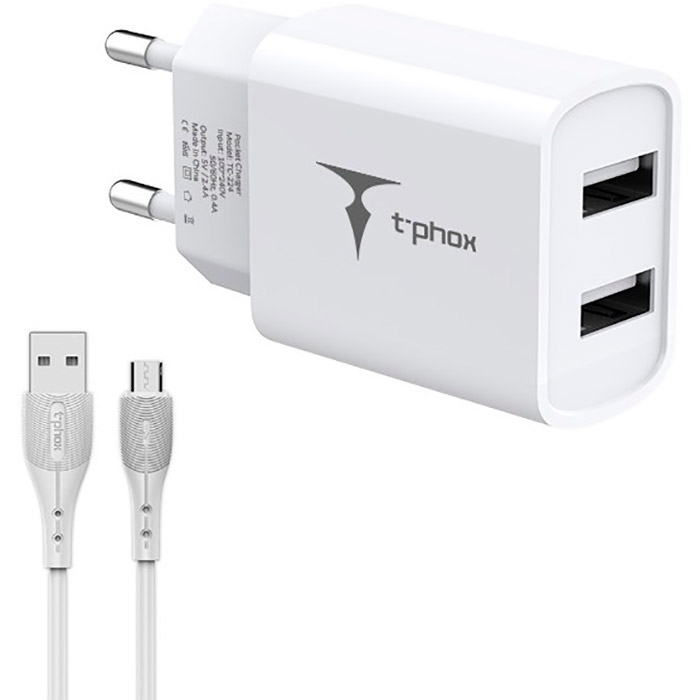 Зарядний пристрій T-PHOX TC-224 Pocket Dual 2xUSB-A 2.4A White w/Micro-USB cable (TCC-224 (W)+MICRO)