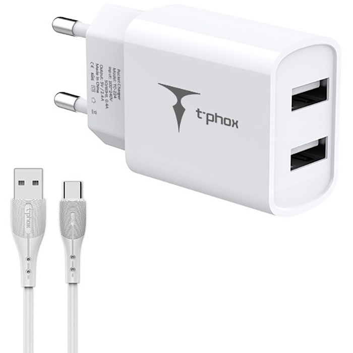 Зарядное устройство T-PHOX TC-224 Pocket Dual 2xUSB-A 2.4A White w/Type-C cable (TCC-224 (W)+TYPE-C)