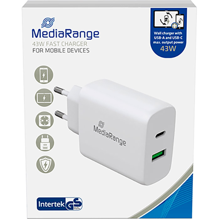 Зарядное устройство MEDIARANGE 43W Fast charging 1xUSB-A, 1xUSB-C, PD3.0, QC3.0 White