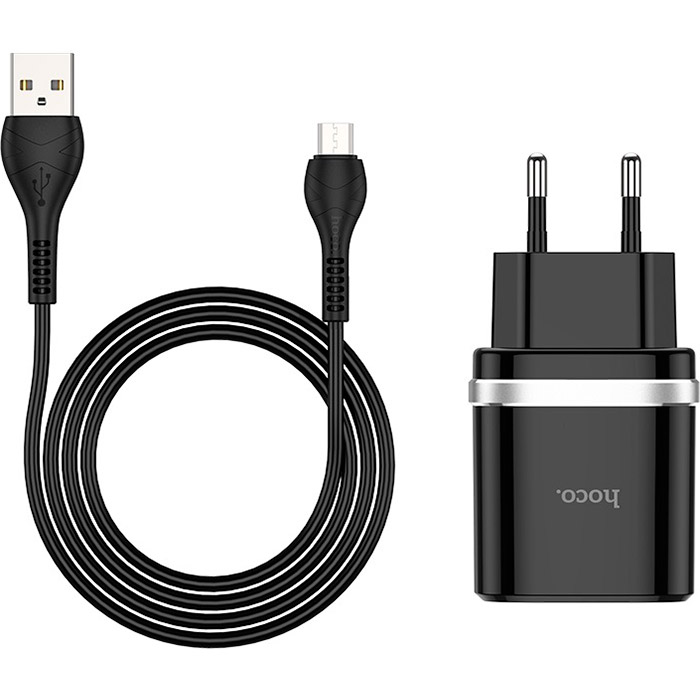 Зарядний пристрій HOCO C12Q Smart 1xUSB-A, 2.4A Black w/Micro-USB cable (6931474716279)