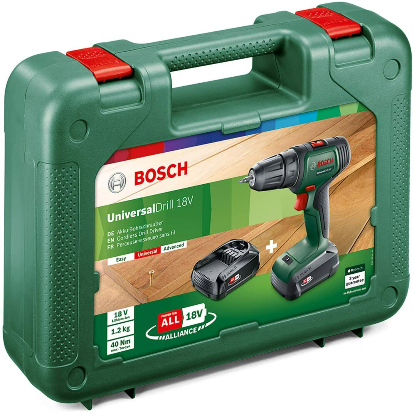 Акумуляторний дриль-шурупокрут BOSCH UniversalDrill 18 + 2 АКБ 1.5Ah, ЗП, кейс (0.603.9D4.002)