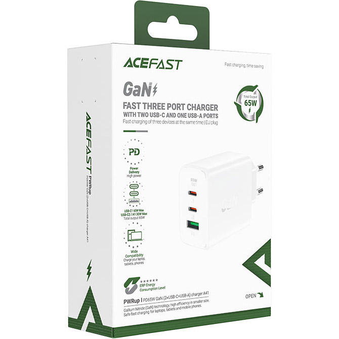 Зарядний пристрій ACEFAST A41 Fast Charge Wall Charger GaN PD65W (2xUSB-C+1xUSB-A) White