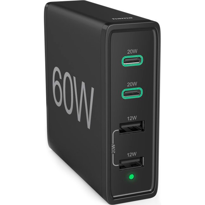 Зарядное устройство HAMA 4 Ports Quick Charger 2xUSB-A, 2xUSB-C, QC3.0, PD, 60W Black (00201628)