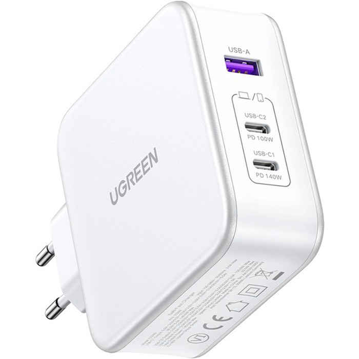 Зарядний пристрій UGREEN CD289 GaN 140W 2xUSB-C, 1xUSB-A Fast Charger White w/Type-C to Type-C cable (15339)