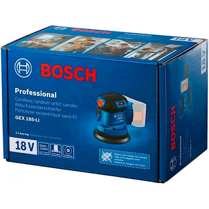 аккумуляторная эксцентриковая шлифмашина BOSCH GEX 185-Li Professional (0.601.3A5.020)