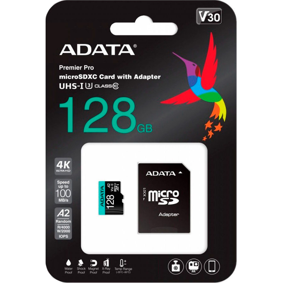 Карта пам'яті ADATA microSDXC Premier Pro SD 6.0 128GB UHS-I U3 V30 A2 Class 10 + SD-adapter (AUSDX128GUI3V30SA2-RA1)