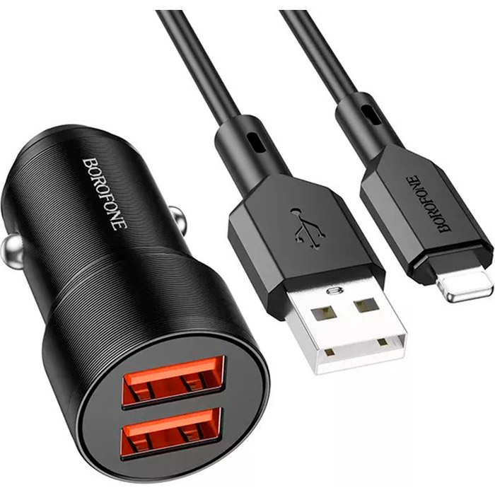 Автомобильное зарядное устройство BOROFONE BZ19 Wisdom 2xUSB-A, 2.4A Black w/Lightning cable (BZ19LB)