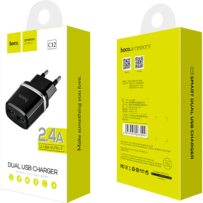 Зарядное устройство HOCO C12 Smart 2xUSB-A, 2.4A Black (6957531063094)