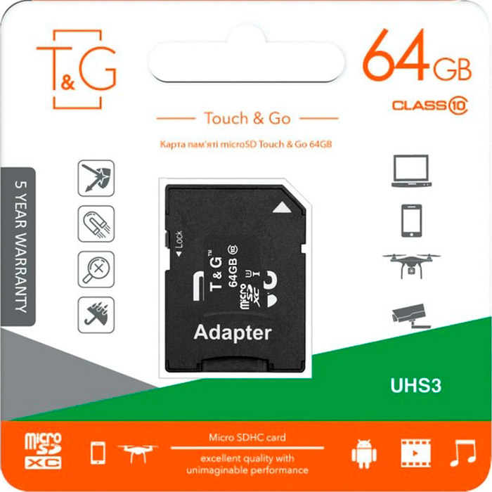 Карта пам'яті T&G microSDXC 64GB UHS-I U3 Class 10 + SD-adapter (TG-64GBSDU3CL10-01)