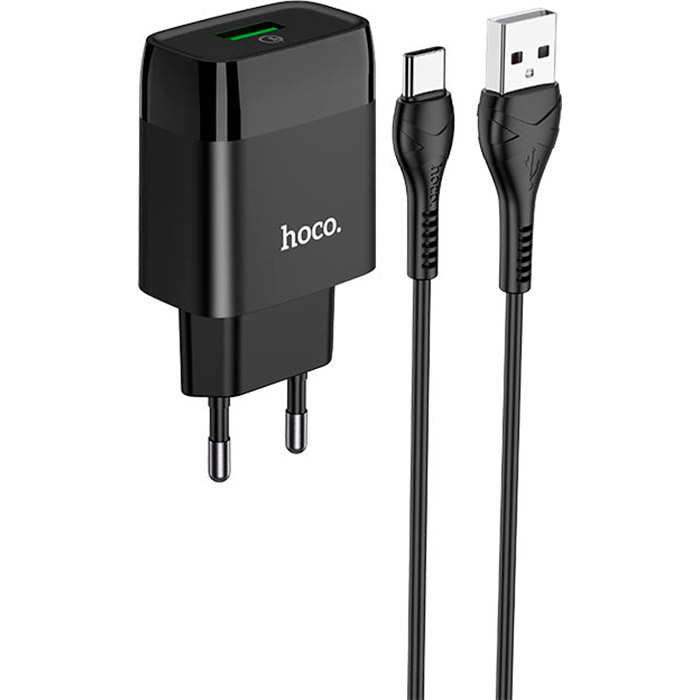 Зарядное устройство HOCO C72Q Glorious 1xUSB-A, QC3.0 18W Black w/Type-C cable (6931474732545)