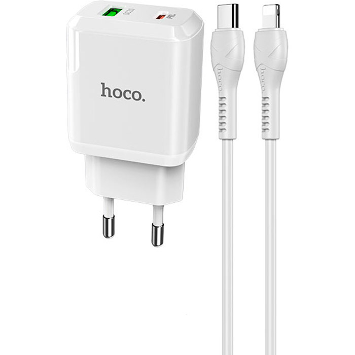 Зарядний пристрій HOCO N5 Favor Dual Port PD20W+QC3.0 Charger White w/Type-C to Lightning cable (6931474738929)