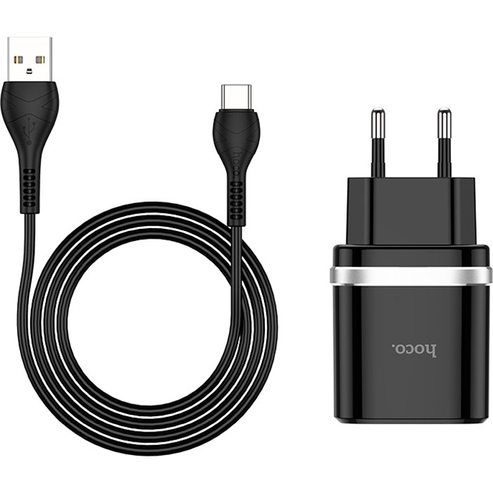 Зарядное устройство HOCO C12Q Smart 1xUSB-A, 2.4A Black w/Type-C cable (6931474716293)