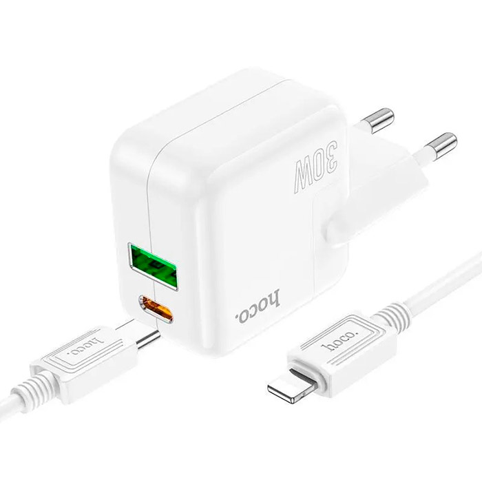 Зарядний пристрій HOCO C111A Lucky 1xUSB-A, 1xUSB-C, PD30W, QC3.0 White w/Type-C to Lightning cable (6931474790873)