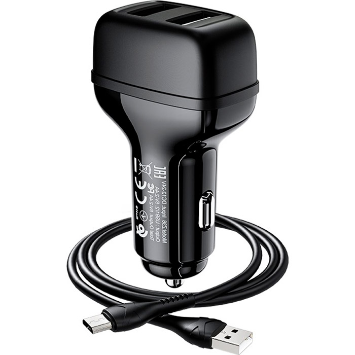Автомобильное зарядное устройство HOCO Z36 Leader 2xUSB-A, 2.4A Black w/Micro-USB cable (6931474727756)