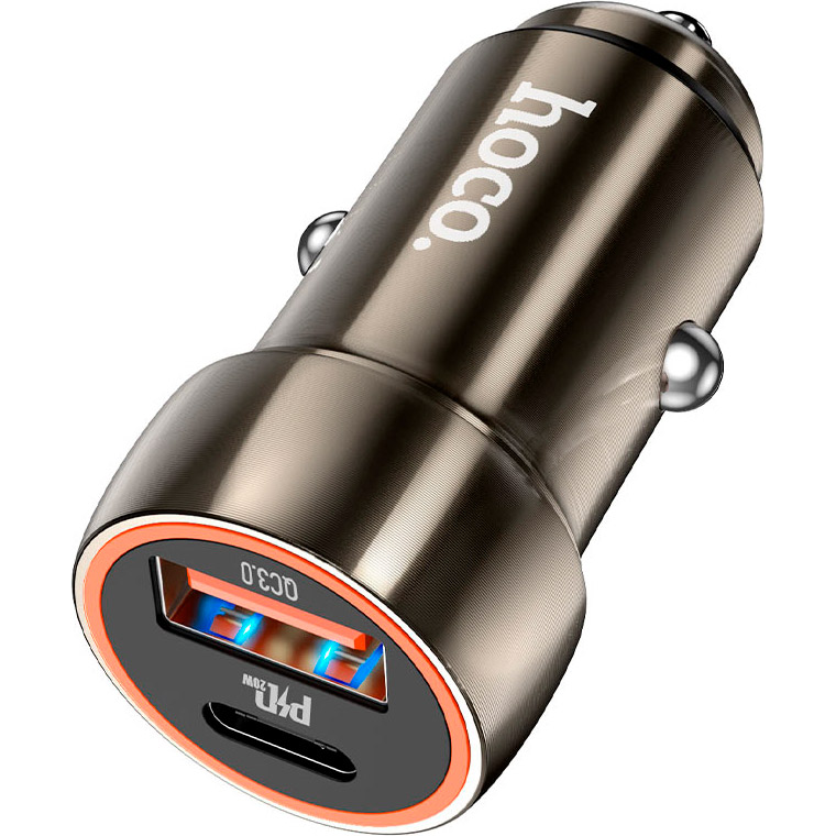 Автомобільний зарядний пристрій HOCO Z46A Blue whale USB-A+USB-C, PD20W+QC3.0 Metal Gray (6931474770332)