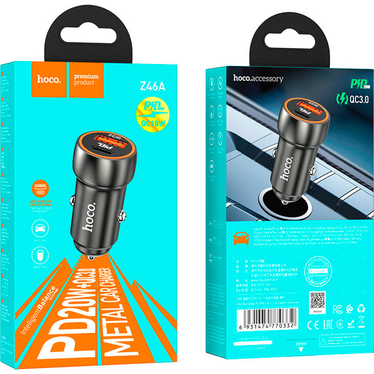 Автомобільний зарядний пристрій HOCO Z46A Blue whale USB-A+USB-C, PD20W+QC3.0 Metal Gray (6931474770332)