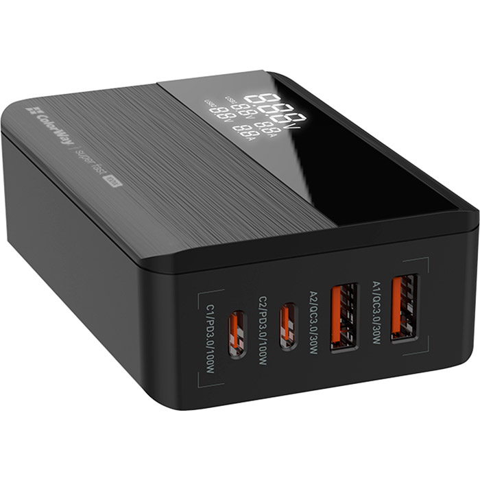 Зарядное устройство COLORWAY Power Delivery GaN 2xUSB-C, 2xUSB-A, 100W Black (CW-CHS041PD-BK)