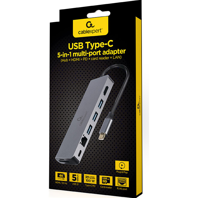 Док-станція для ноутбука CABLEXPERT 5-in-1 USB-C to HDMI/3xUSB 3.0/CR/LAN/100W USB-C PD Gray (A-CM-COMBO5-05)